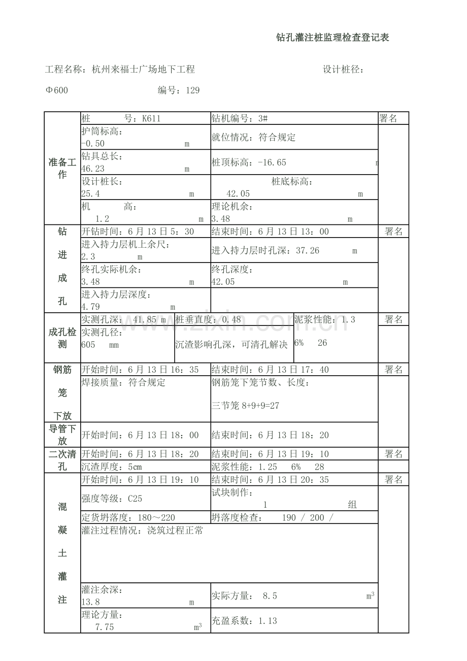 钻孔灌注桩旁站记录表.doc_第1页