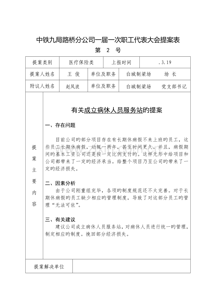 中铁九局路桥分公司一届一次职工代表大会提案表.doc_第2页