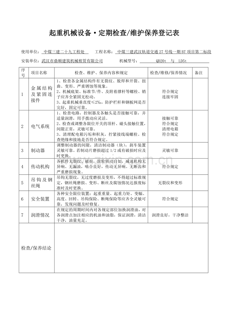 起重机械设备维护保养记录表.doc_第1页