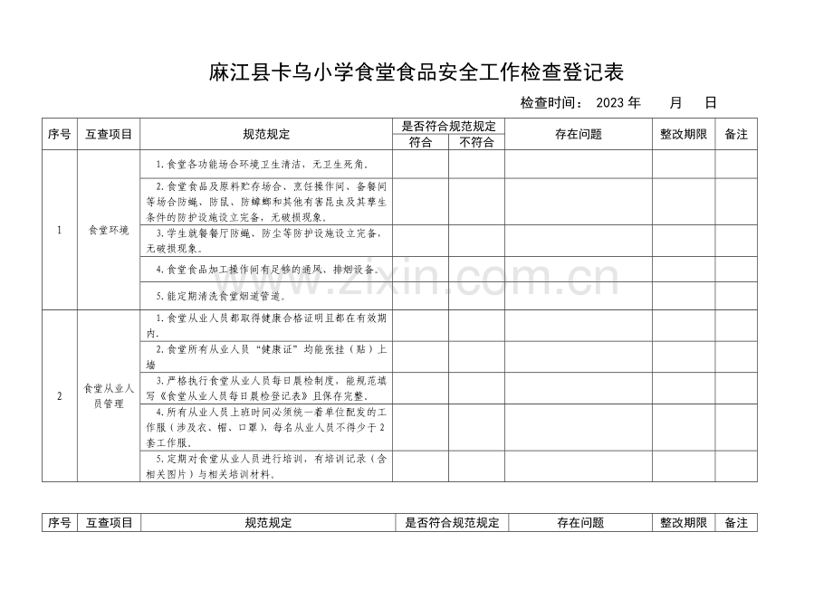 食堂食品安全工作检查记录表.doc_第1页