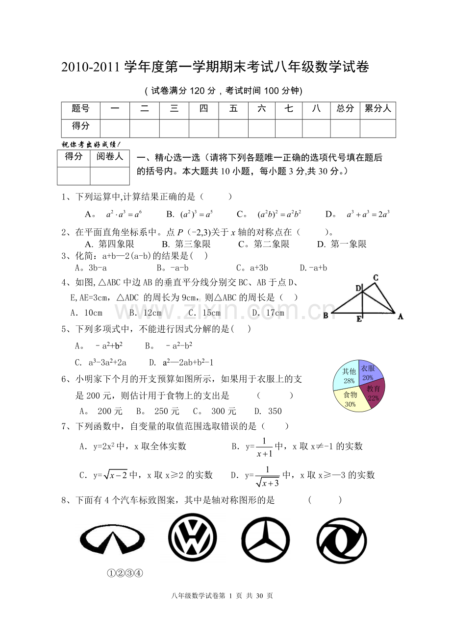 人教版八年级上数学期末考试试卷(5套).doc_第1页