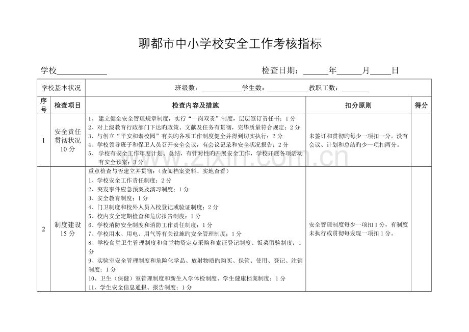 聊城市中小学校安全工作考核指标.doc_第1页