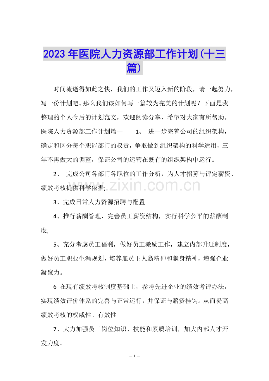 2023年医院人力资源部工作计划(十三篇).doc_第1页