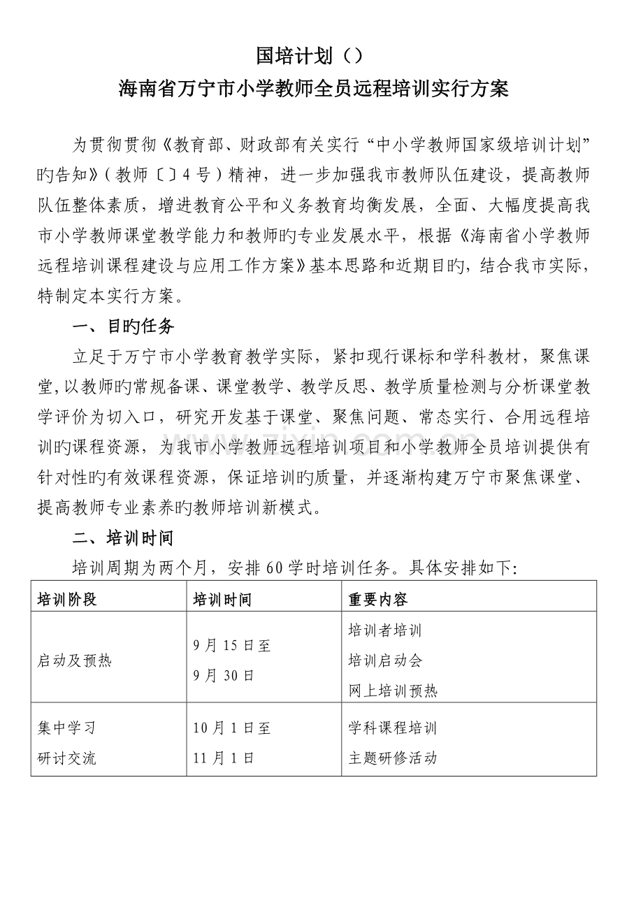 国培计划-海南省万宁市小学教师全员远程培训实施方案(2).doc_第1页