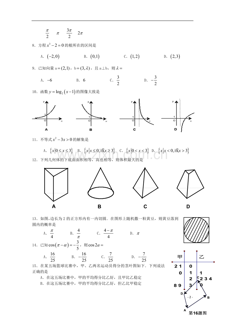 福建省2016年春季高考数学高职单招模拟试题(1).doc_第2页