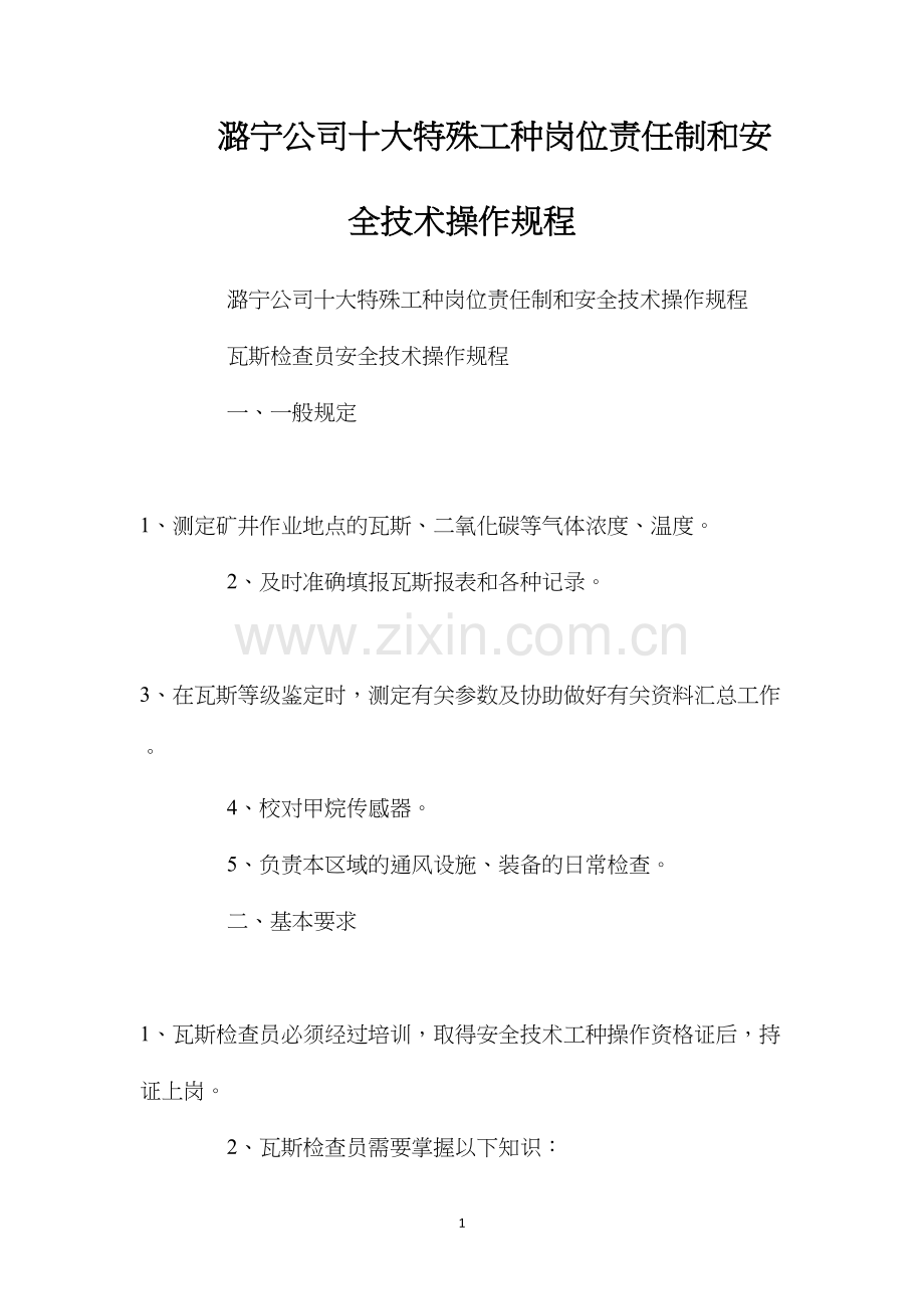 潞宁公司十大特殊工种岗位责任制和安全技术操作规程.docx_第1页