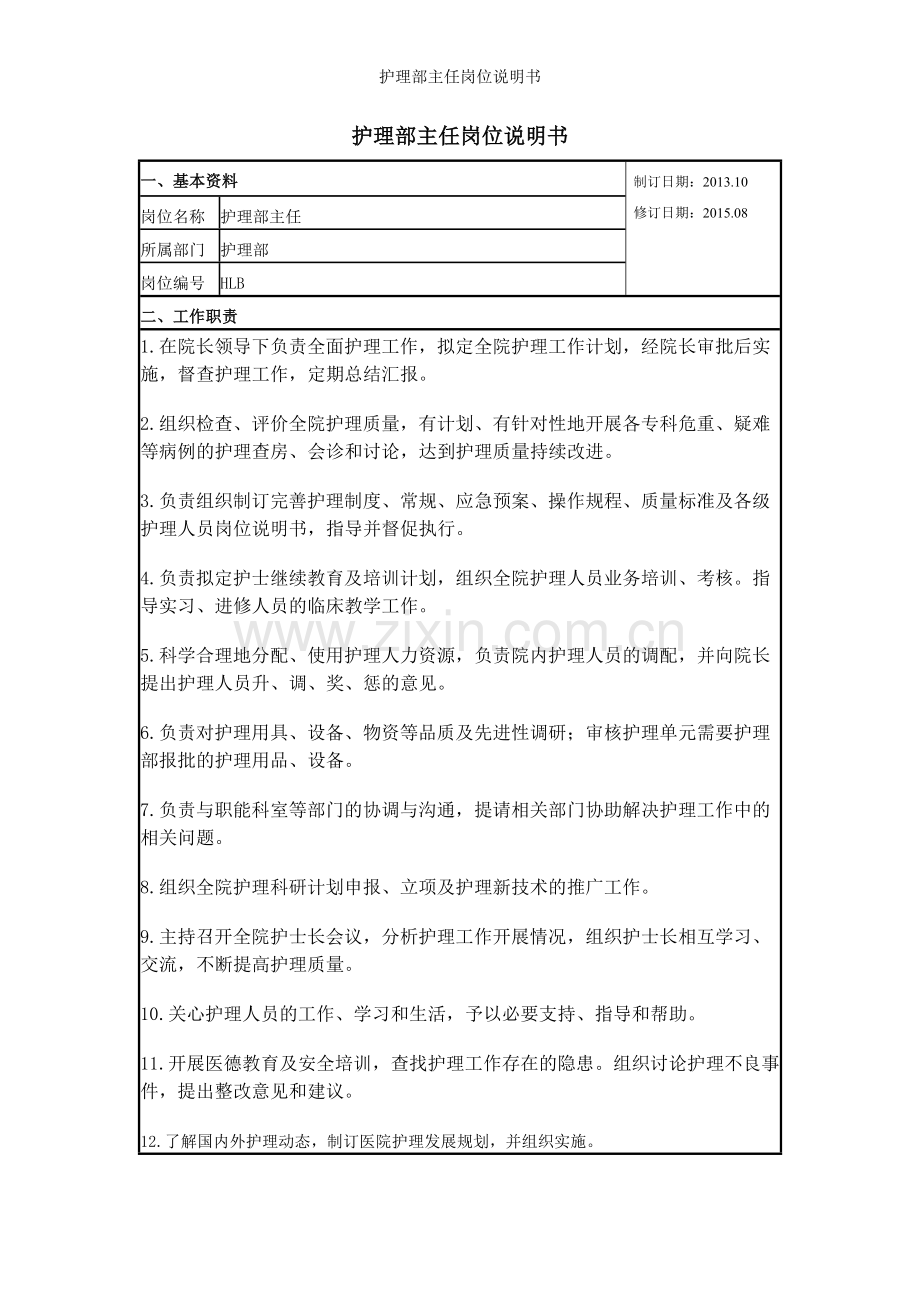 护理部主任岗位说明书.docx_第1页