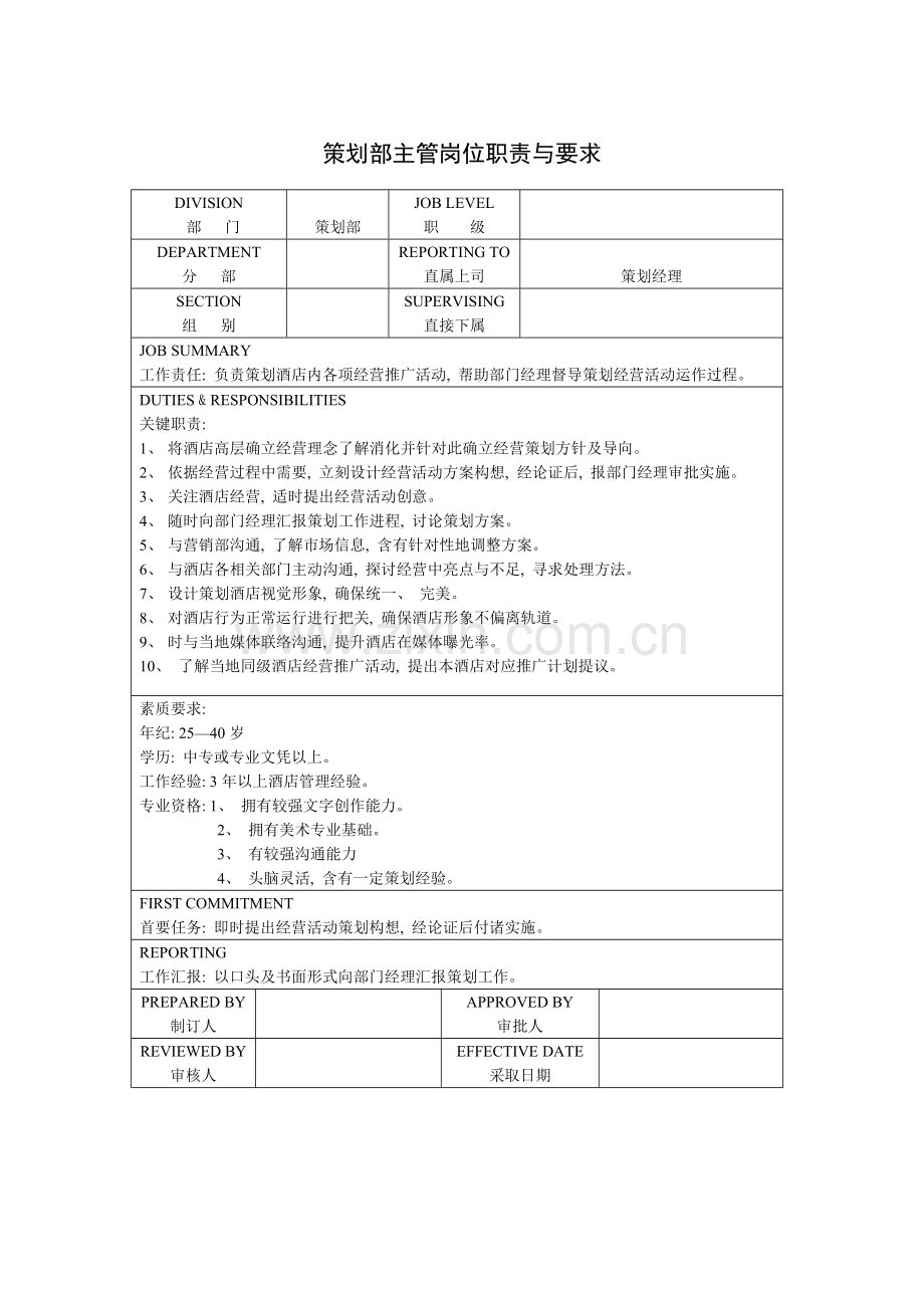 策划部主管岗位职责与要求.doc_第1页