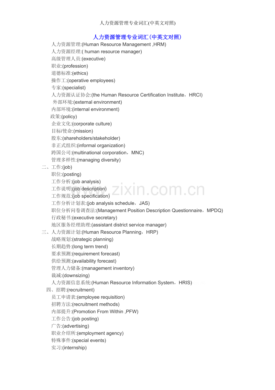 人力资源管理专业词汇(中英文对照).doc_第1页