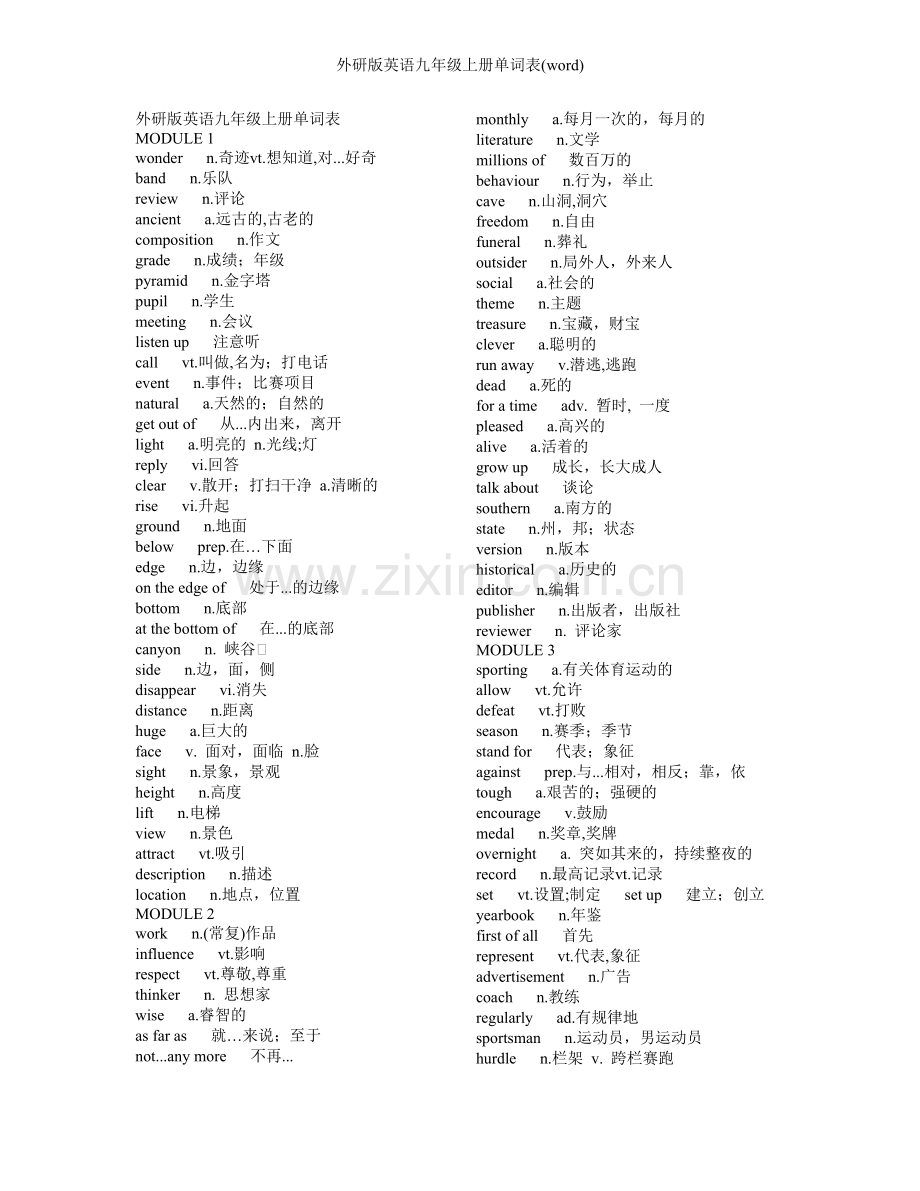 外研版英语九年级上册单词表(word).doc_第1页