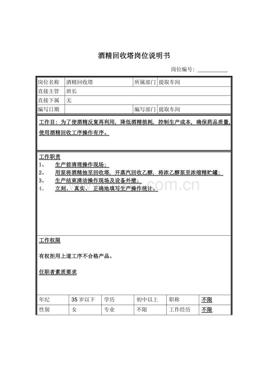 酒精回收塔岗位说明书.doc_第1页