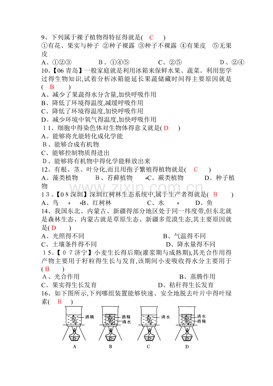 人教版七年级上册生物期末测试题(含答案).doc_第2页