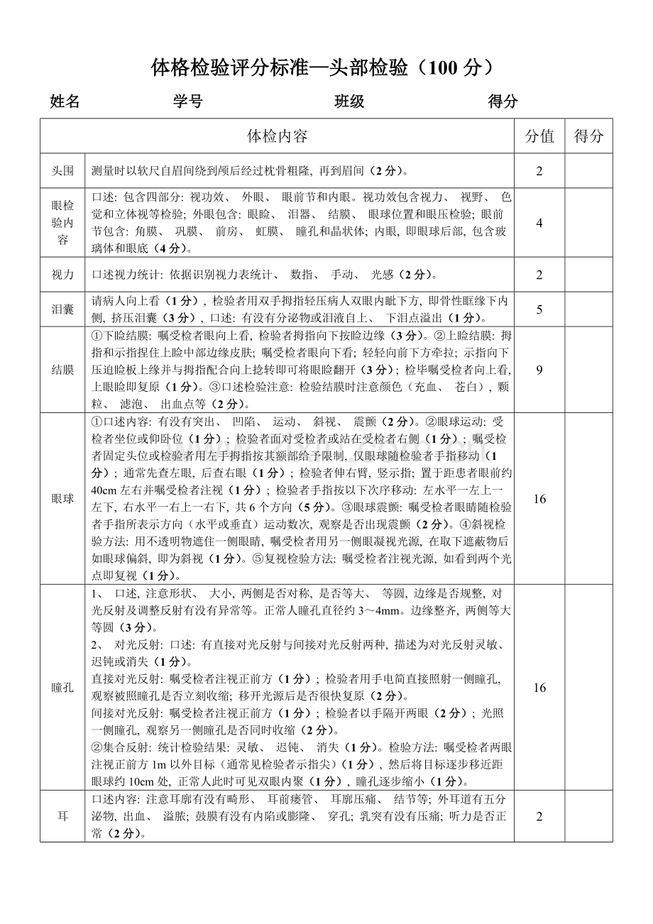 体格检查评分标准头部检查.doc_第1页