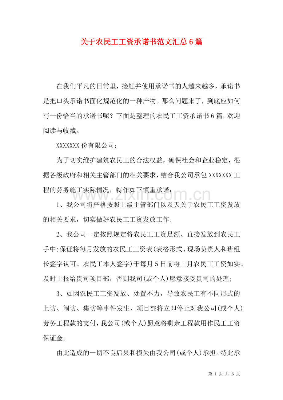 关于农民工工资承诺书范文汇总6篇.docx_第1页