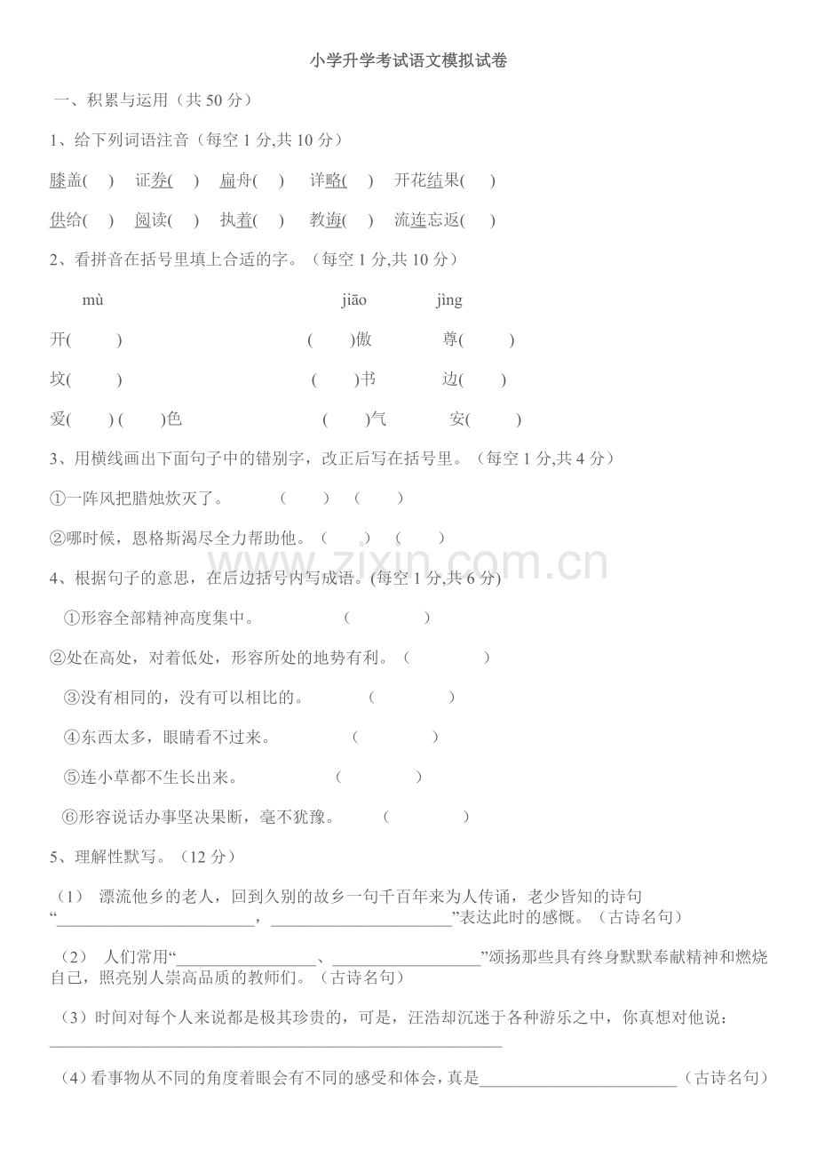 小学升学考试语文模拟试卷.doc_第1页