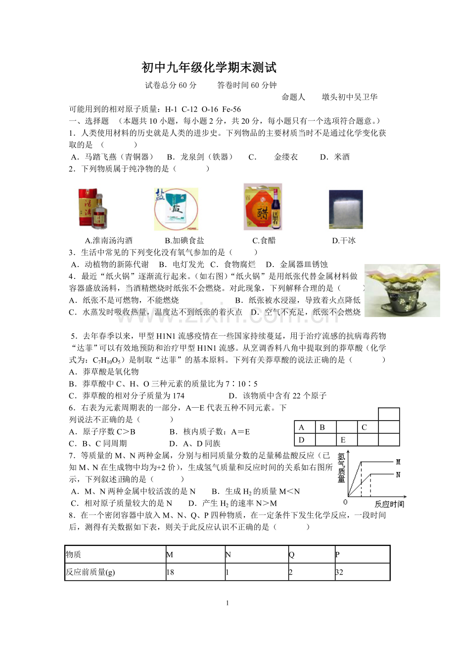 九年级化学期末测试（一）.doc_第1页