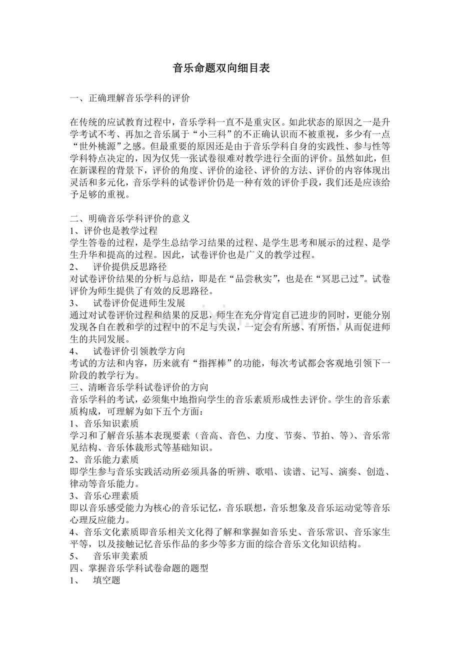 音乐命题双向细目表.doc_第1页