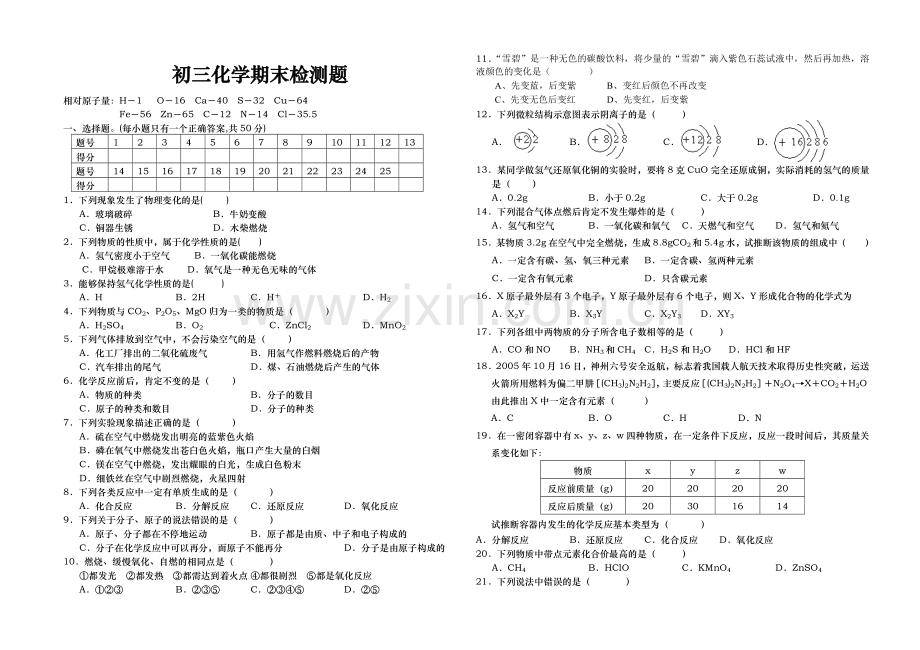 初三化学期末检测题.doc_第1页