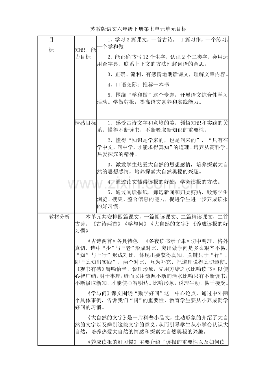 六上第七单元单元目标.doc_第1页