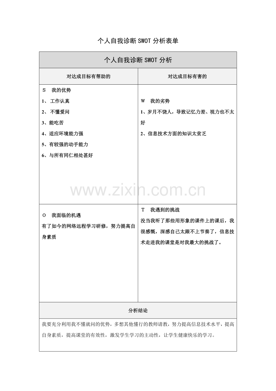 陈正学：个人自我诊断SWOT分析表.doc_第1页