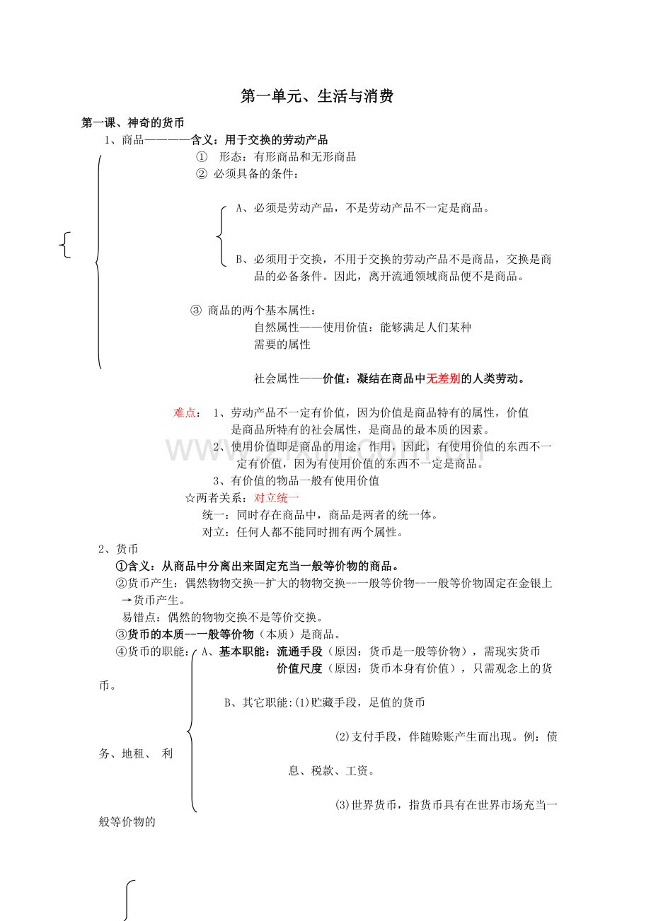 高中政治必修一经济生活第一单元知识结构图.doc_第1页