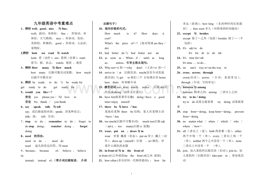 九年级英语中考重难点知识点.doc_第1页