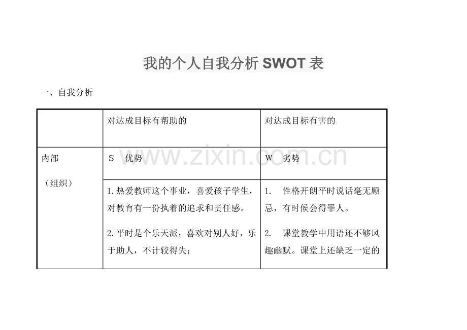 个我的个人自我分析SWOT表.doc_第1页