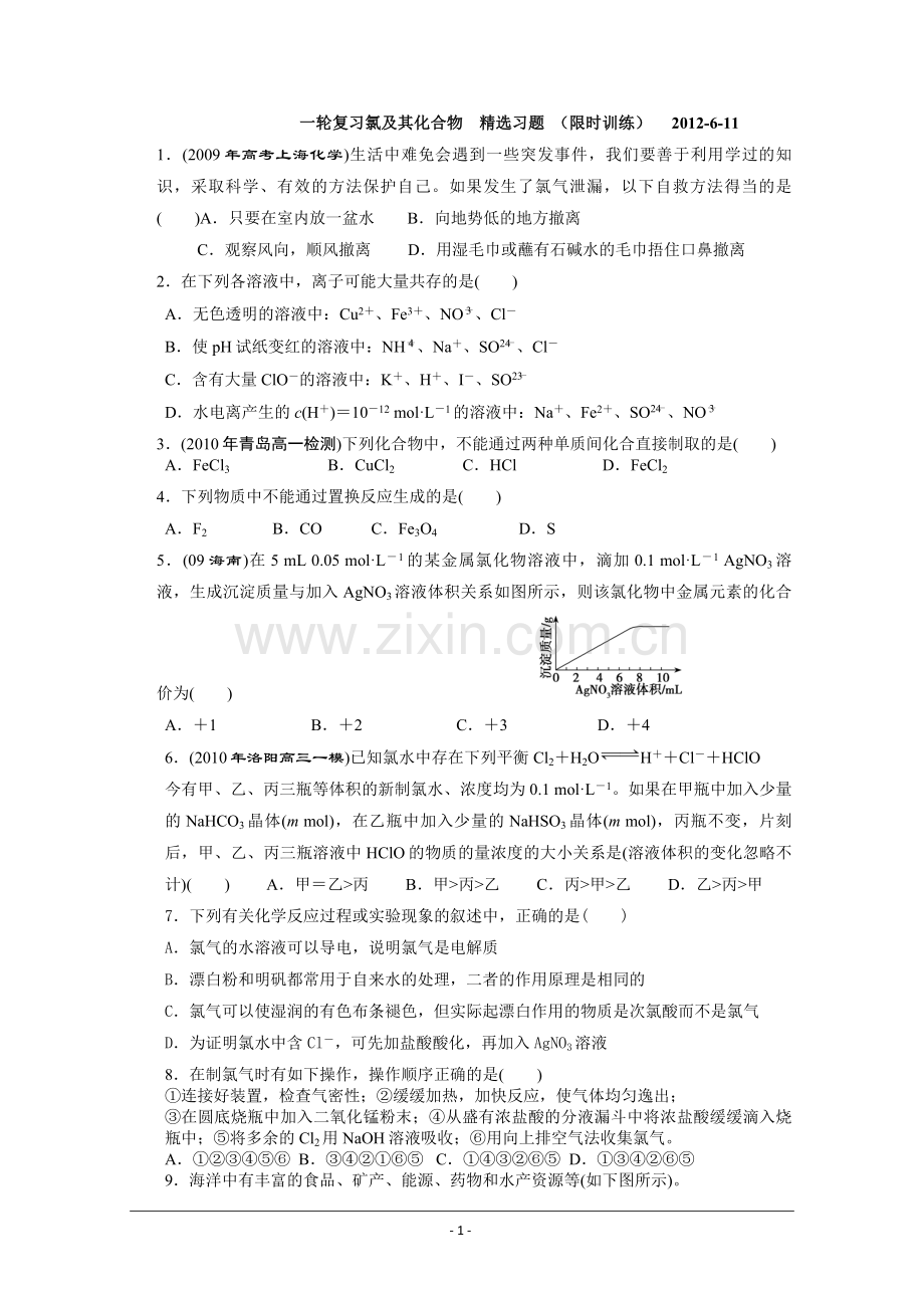 高三化学一轮复习氯及其化合物____精选习题.doc_第1页