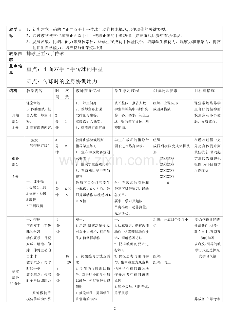 《排球正面双手传球》体育课教学设计.doc_第2页