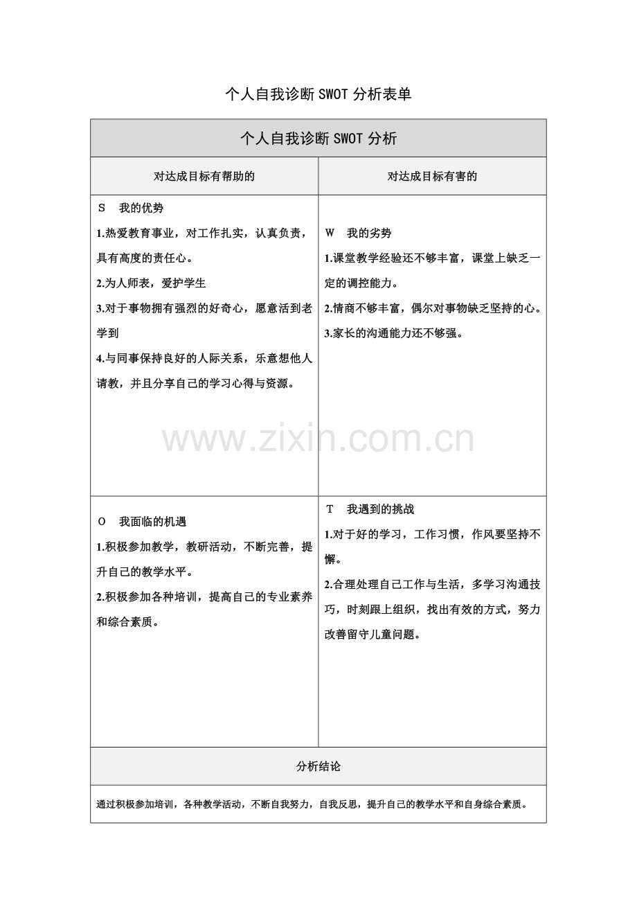 第一步骤所需文档：唐静的个人自我诊断SWOT分析表.doc_第1页