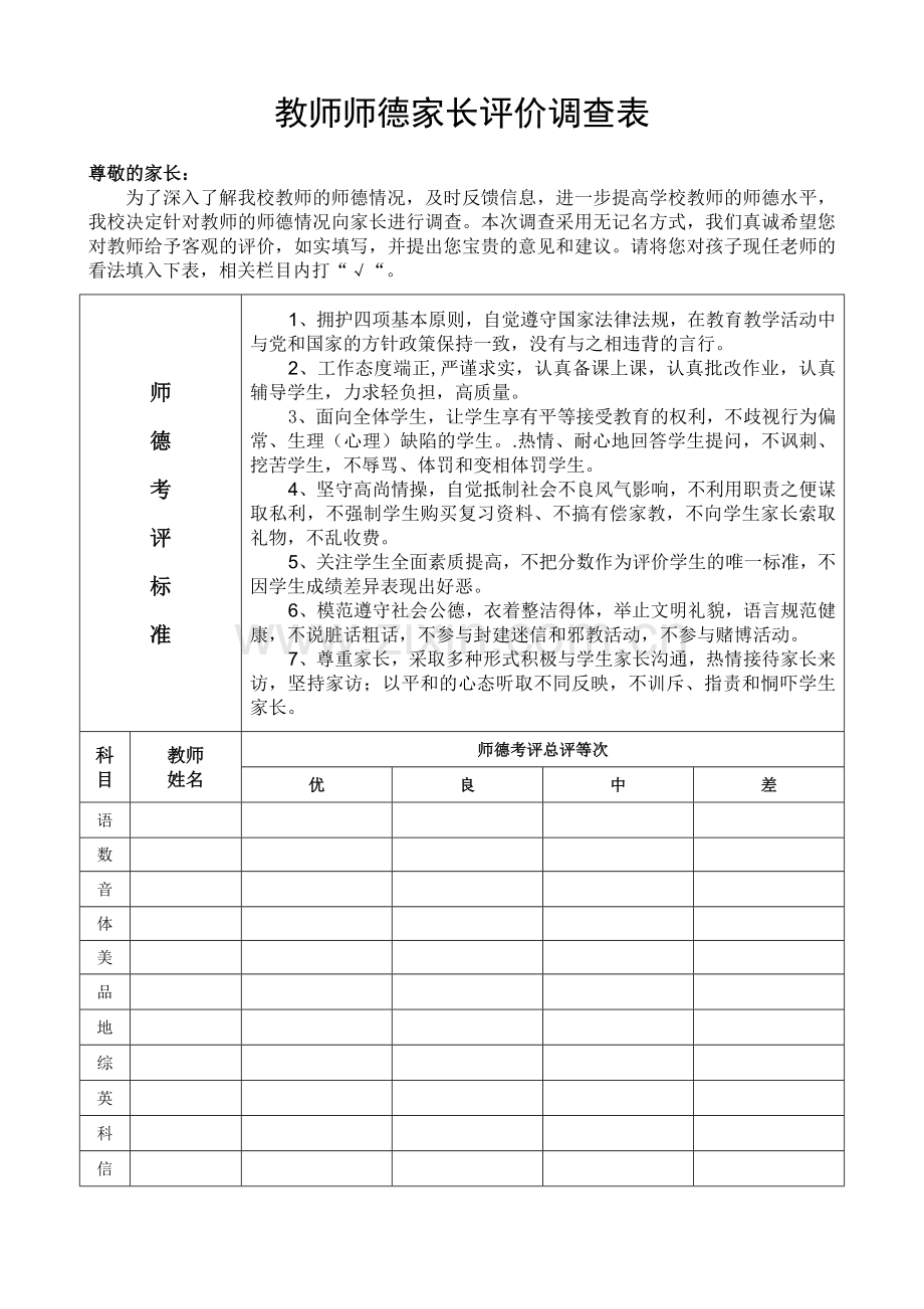 教师师德家长评价调查表.doc_第1页