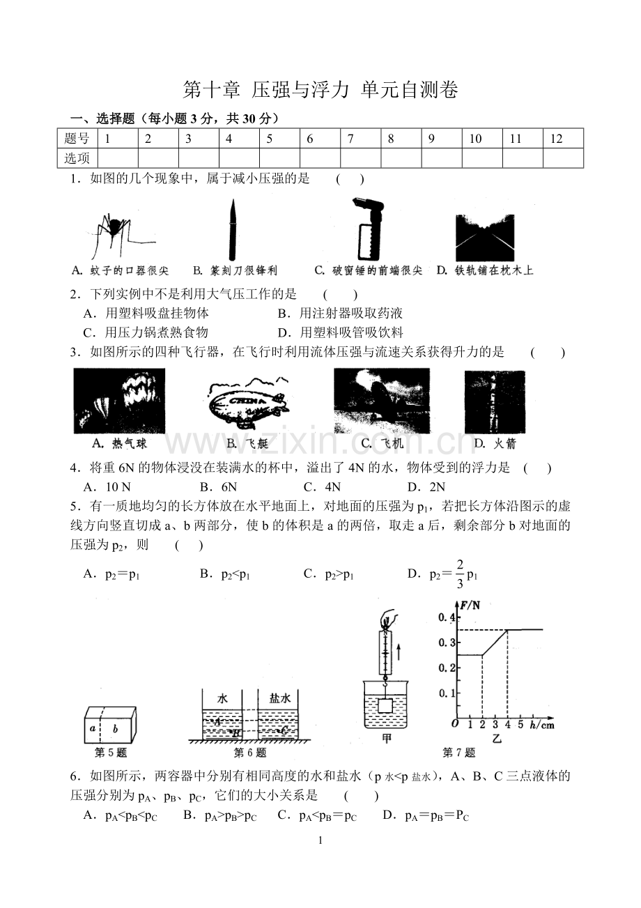 第十章压强与浮力单元自测卷.doc_第1页