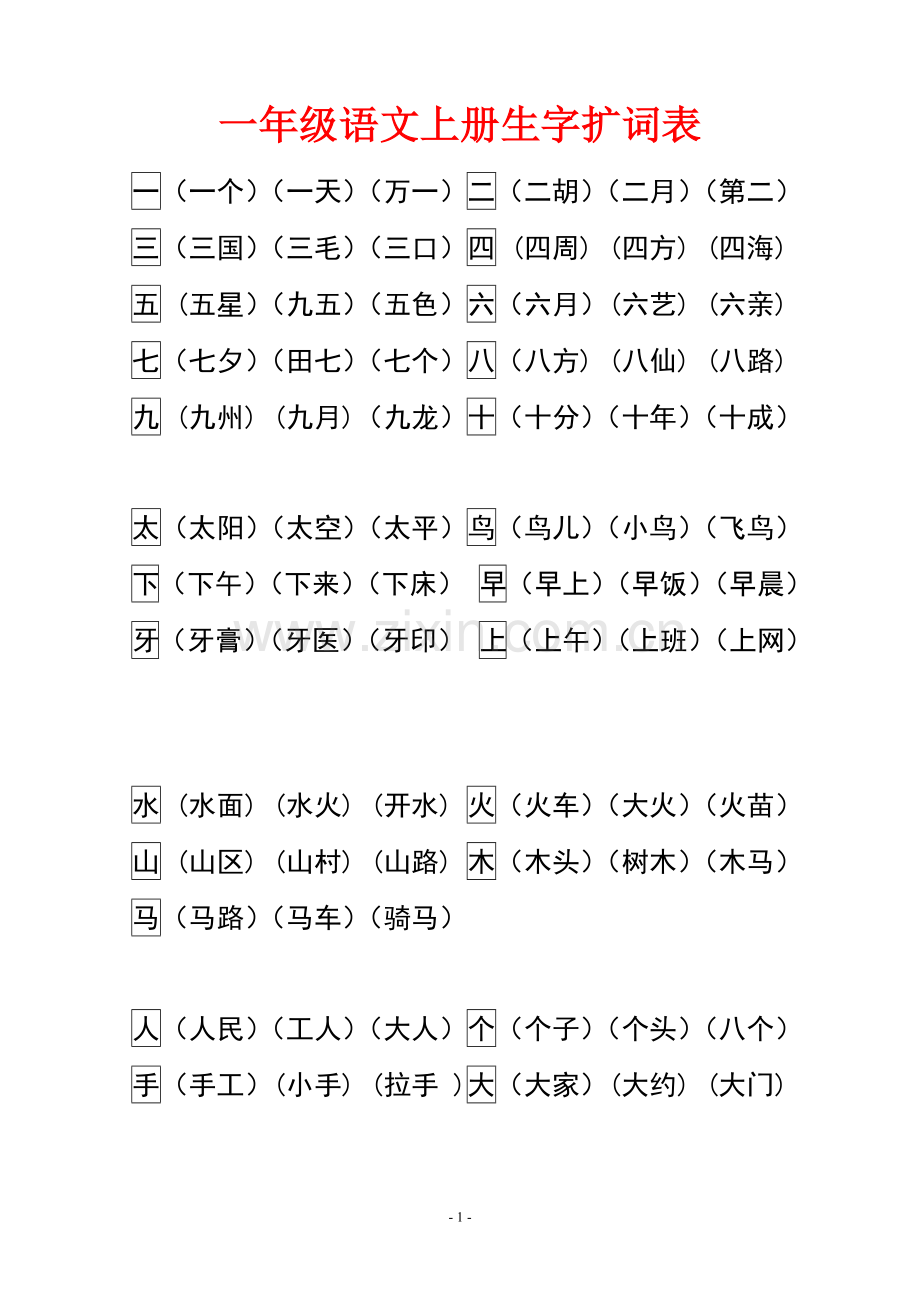 【苏教版】一年级语文上册生字扩词表.doc_第1页