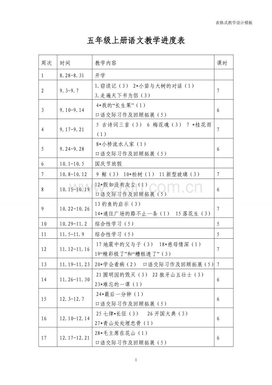 人教版五年级上册语文第一单元表格教案.doc_第1页