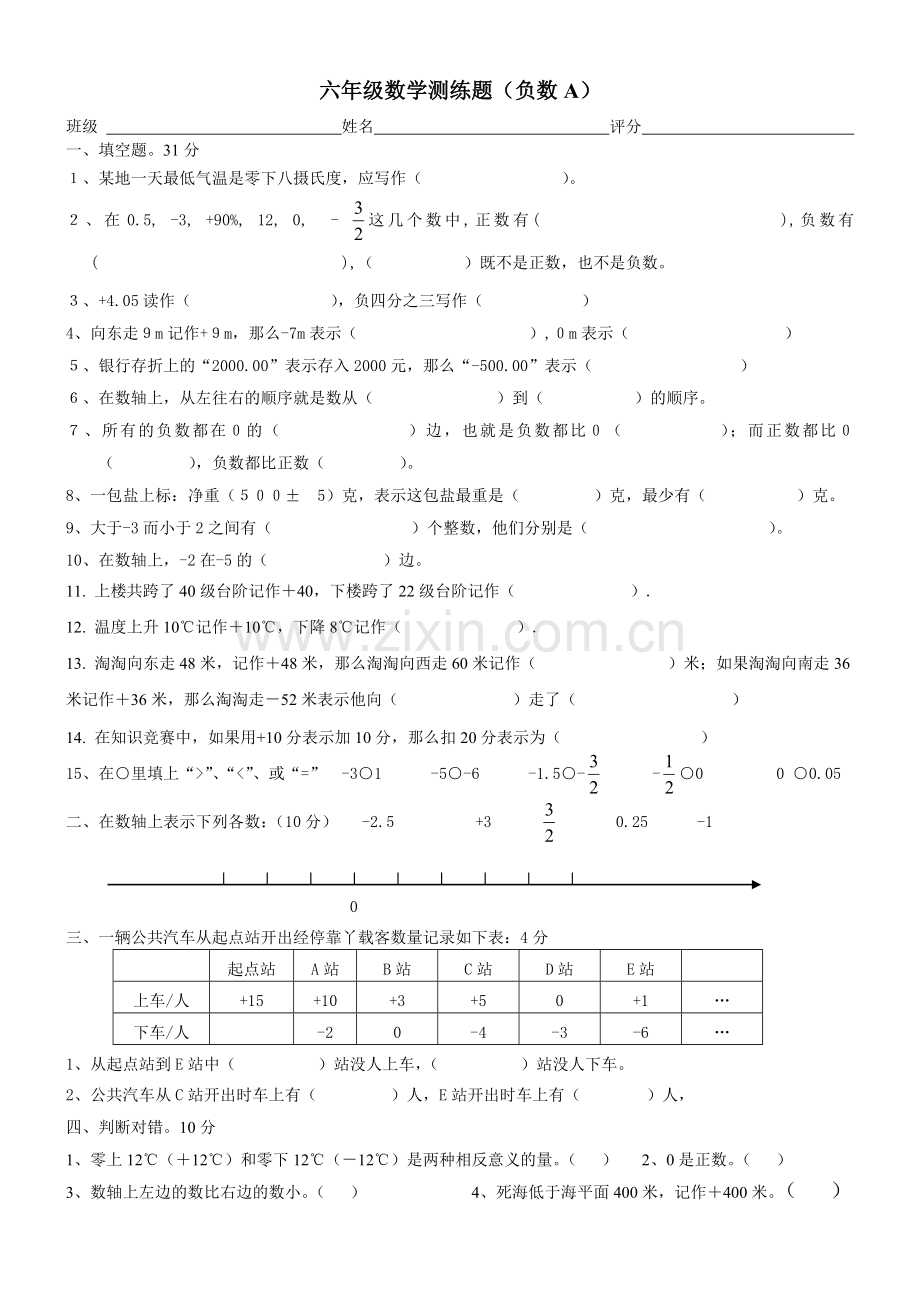 小学数学六年级负数单元练习题A.doc_第1页