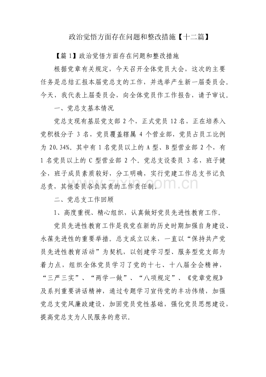 政治觉悟方面存在问题和整改措施【十二篇】.pdf_第1页