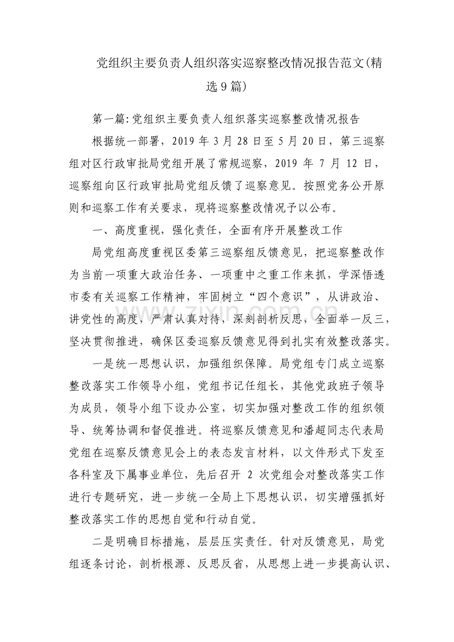 党组织主要负责人组织落实巡察整改情况报告范文(9篇).pdf_第1页