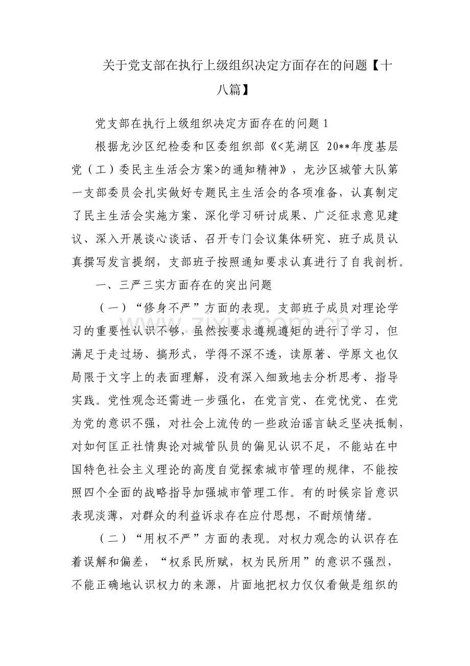 关于党支部在执行上级组织决定方面存在的问题【十八篇】.pdf_第1页