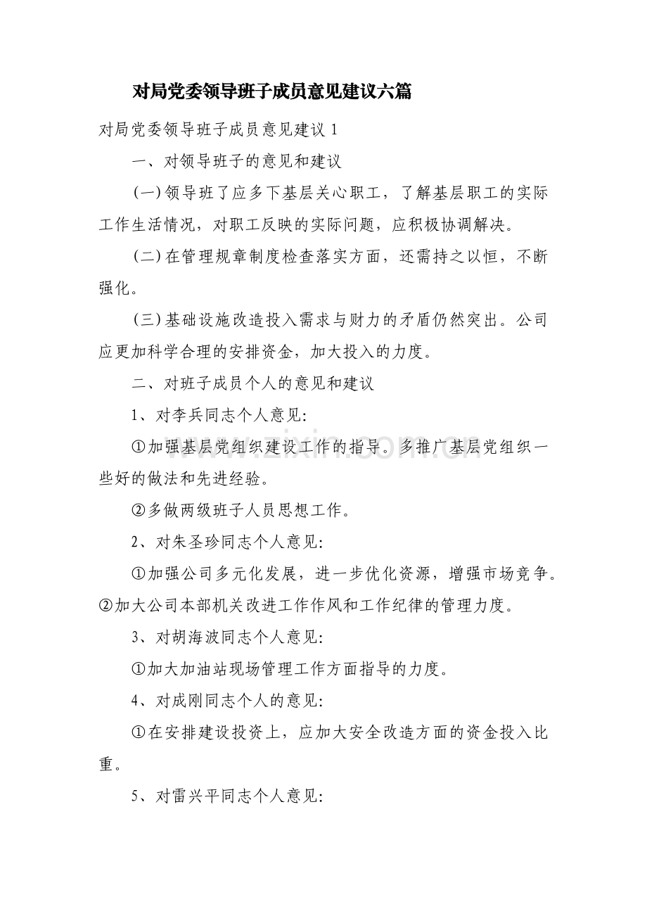 对局党委领导班子成员意见建议六篇.pdf_第1页