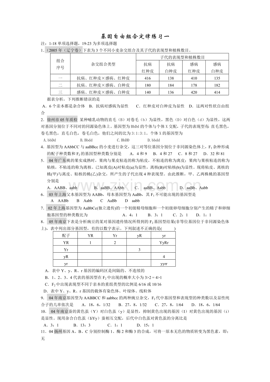 基因自由组合定律练习一.doc_第1页