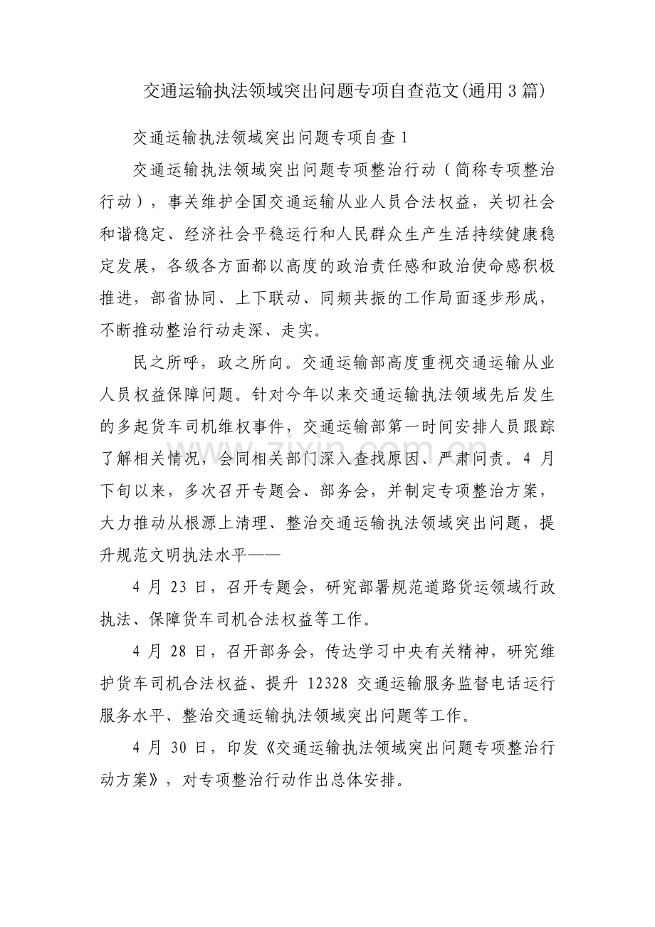 交通运输执法领域突出问题专项自查范文(通用3篇).pdf_第1页