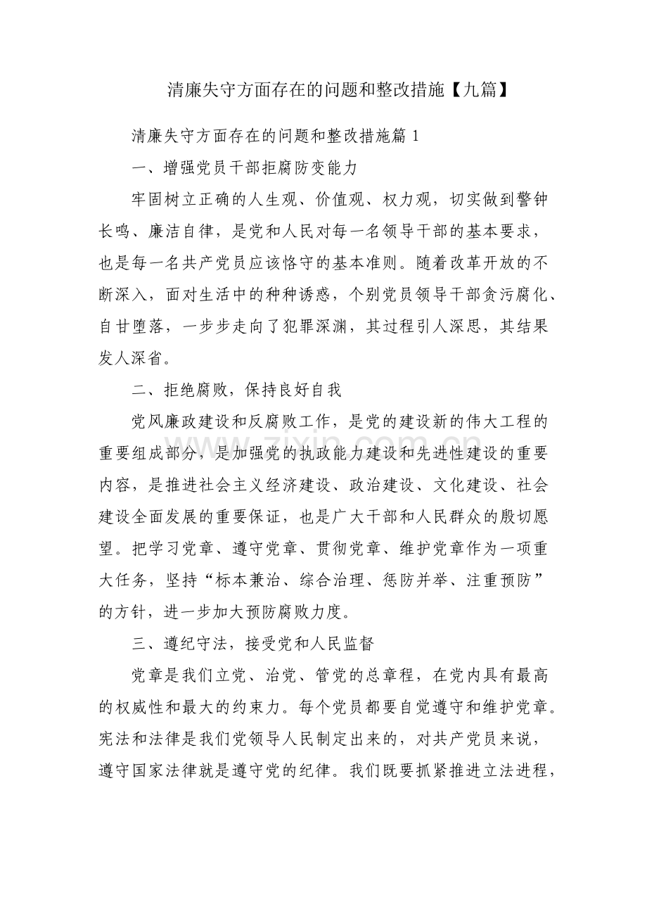 清廉失守方面存在的问题和整改措施【九篇】.pdf_第1页