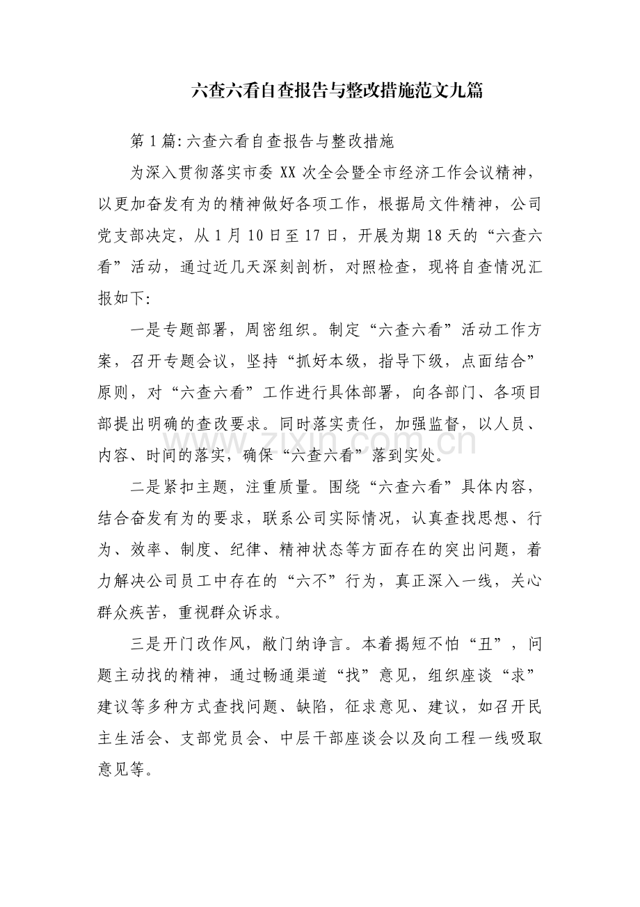 六查六看自查报告与整改措施范文九篇.pdf_第1页