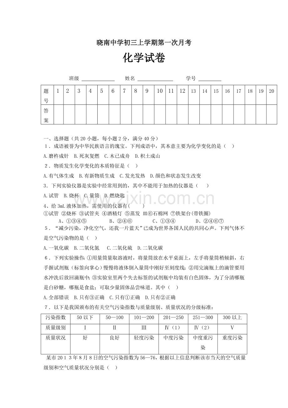 晓南中学初三化学第一次月考.doc_第1页