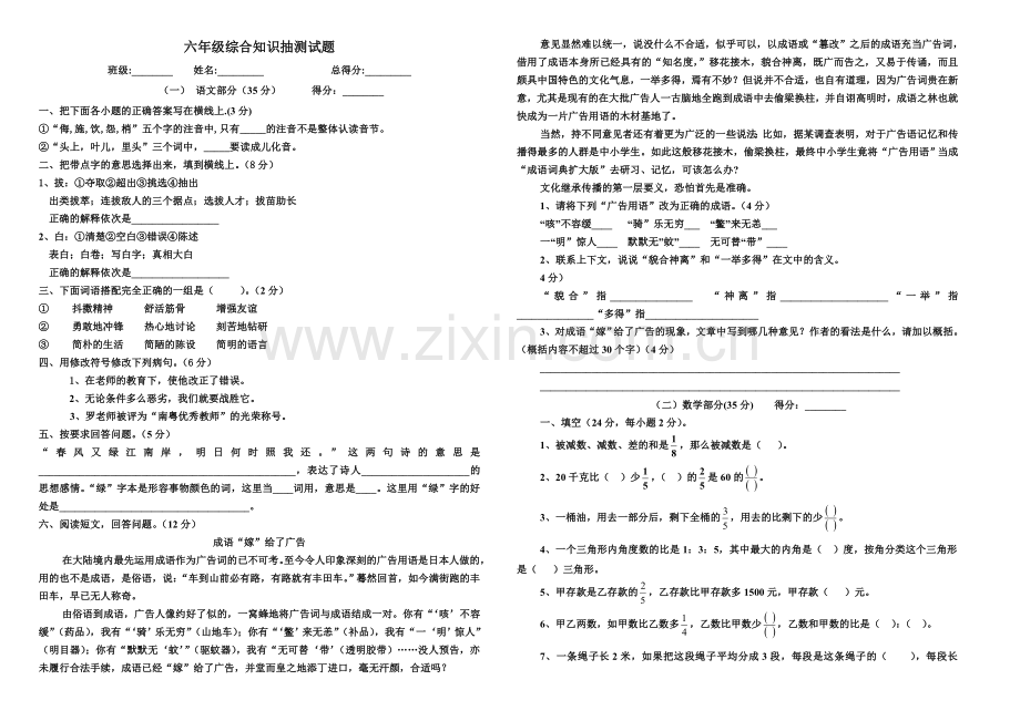 六年级知识抽测综合知识部分.doc_第1页