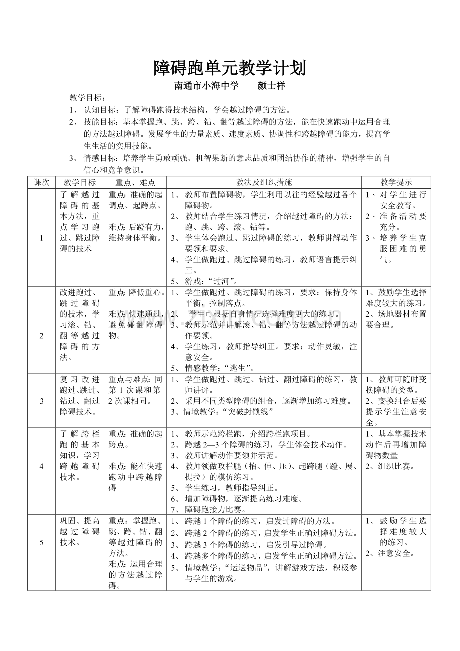 体能补偿课题课（障碍跑单元计划及教案）.doc_第1页