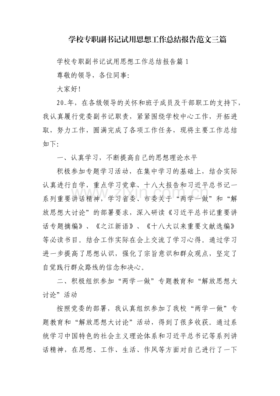 学校专职副书记试用思想工作总结报告范文三篇.pdf_第1页