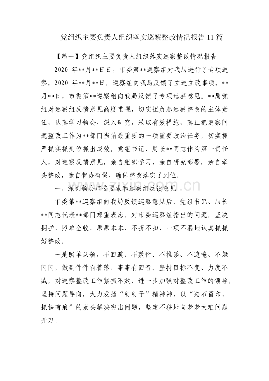 党组织主要负责人组织落实巡察整改情况报告11篇.pdf_第1页