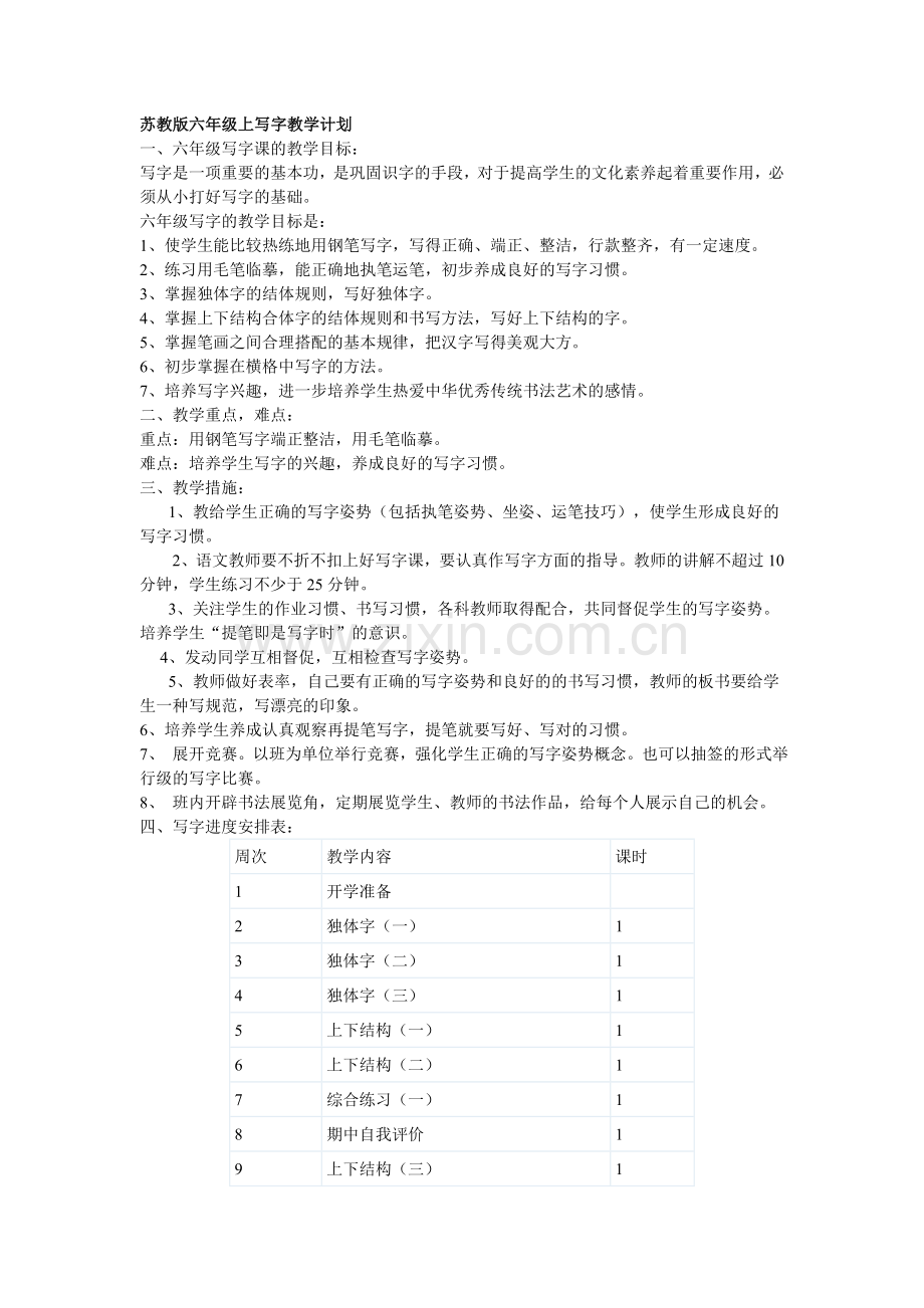 苏教版六年级上写字教学计划.doc_第1页