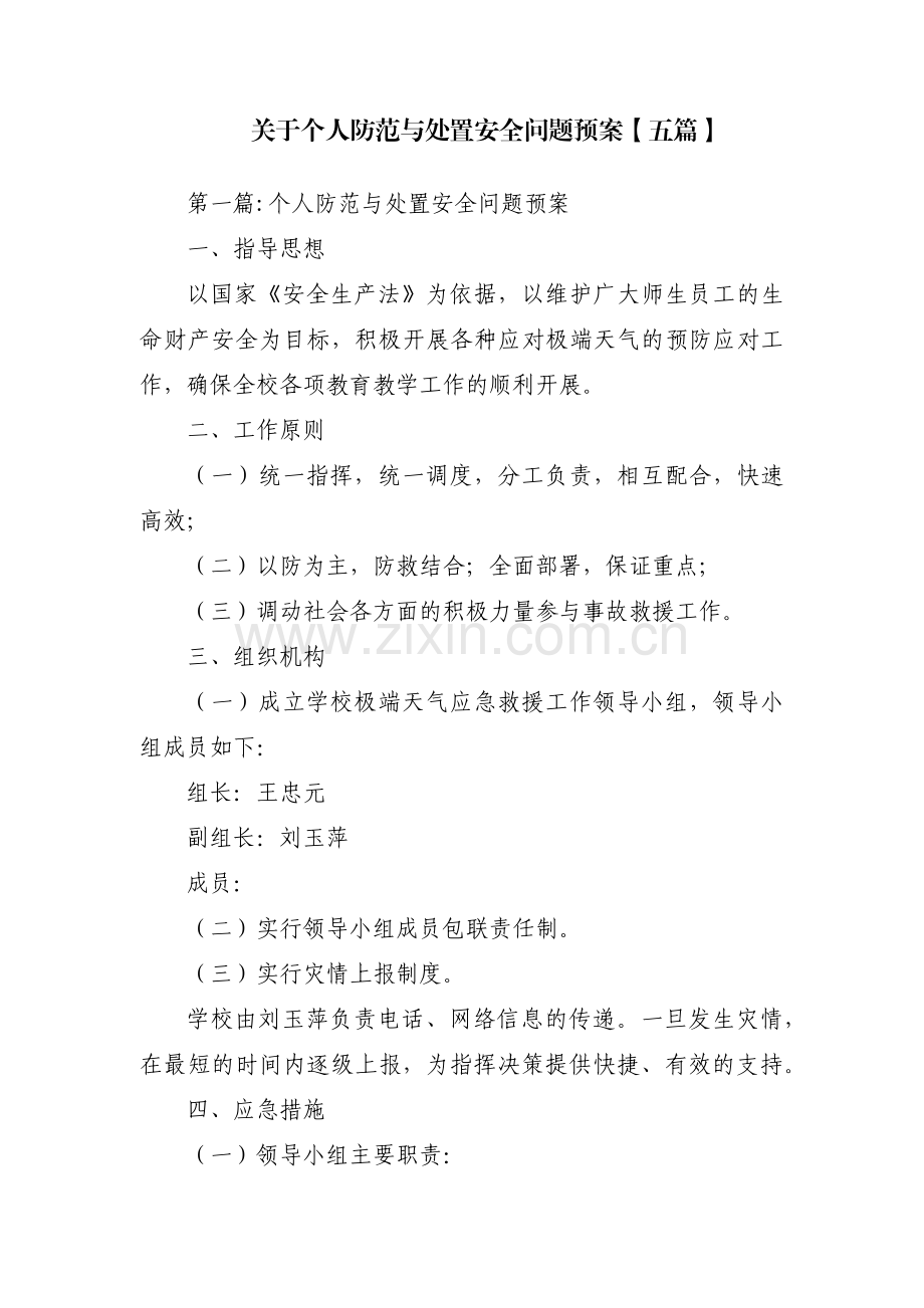 关于个人防范与处置安全问题预案【五篇】.pdf_第1页